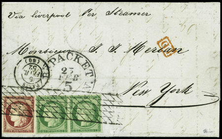 N°2 x2 (paire) 15c vert et N°6 1fr carmin oblitéré