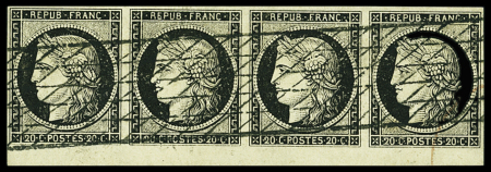 N°3 x4 20c noir bande de 4 petit bord de feuille o