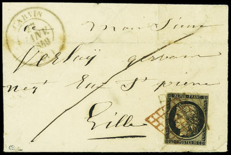 N°3 20c noir sur lettre de Carvin à Lille, le timb