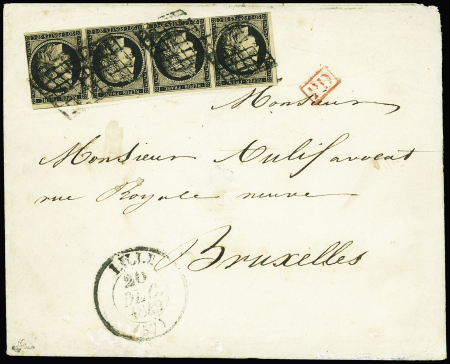 N°3 x4 (Bande de 4) 20c noir oblitérée grille avec